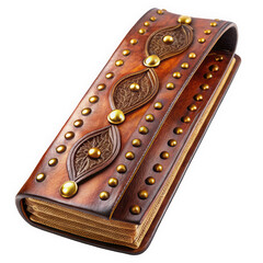 A beautifully crafted leather notebook with intricate designs and metallic studs, showcasing artistry and craftsmanship in a warm, rich color palette.