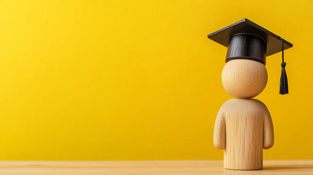 Wooden figure with graduation cap on a vibrant yellow background symbolizes achievement and academic success, ideal for celebrating graduates or educational milestones