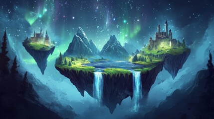 Floating islands with castle, waterfall and aurora sky. Vector cartoon illustration of pieces of land flying in night sky, green grass and stones, fairy tale palace building. Adventure game platforms