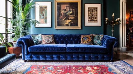 A luxurious velvet chesterfield sofa in a stylish living room with industrial-style decor.