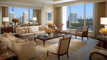 A luxury high-rise modern living room with an open layout, cityscape views, and elegant dcor.