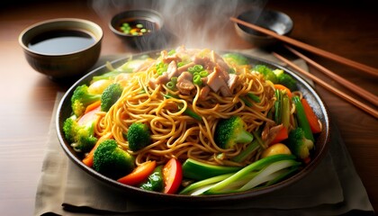 hot yakisoba, with strands of golden noodles mixed with fresh vegetables, slices of meat and special sauce.