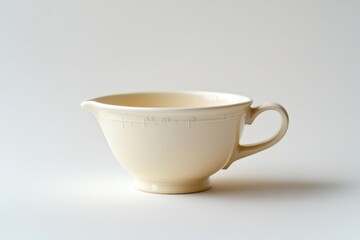 An ivory ceramic measuring cup resting against a white background