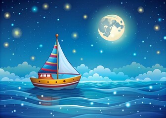 Cartoon Boat Night Sea Stars Moon  - whimsical illustration