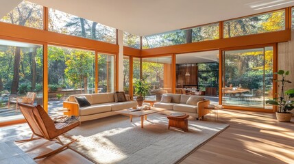 Fototapeta premium A mid-century modern living room with retro-inspired furniture, wooden textures, and neutral tones.