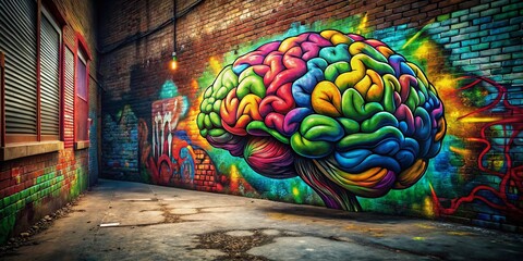 Fototapeta premium Cartoon Brain Urban Exploration: Grungy Alleyway with Brain Graffiti Art