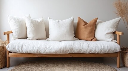 A minimalist Scandinavian living room with a white linen sofa, natural wooden elements, and soft lighting creating a warm and inviting space.