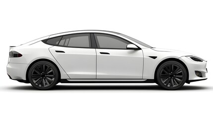 Obraz premium A sleek white electric car is shown in profile view against a clean white background showcasing its modern design and aerodynamic features.