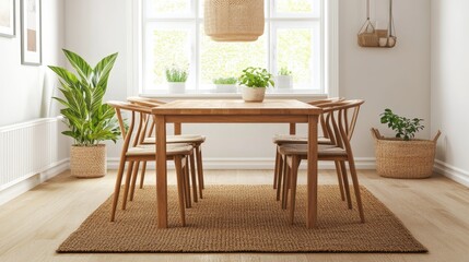 Fototapeta premium A modern dining area with a neutral-toned area rug under a wooden table, creating a warm and inviting atmosphere.