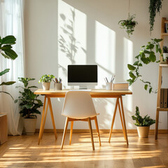 A bright home office with a natural aesthetic, featuring a clean desk, lush green plants, and a light wood floor, creating a comfortable and welcoming atmosphere for productive work