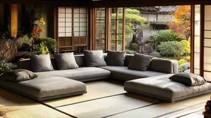 Fototapeta premium A clean, well-lit Japanese-style lounge space with a simple and elegant gray L-shaped sofa