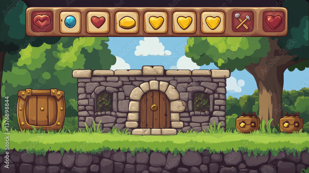 Aufkleber three in line game ui template. vector cartoon illustration of gui design with level time and progre