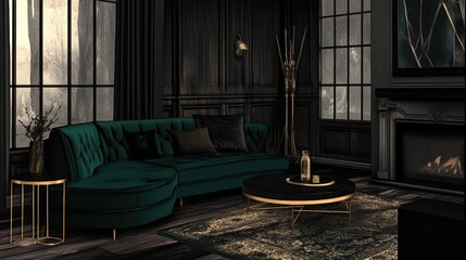 A moody contemporary living room with a bold black and emerald green color scheme, velvet furniture, and gold accents.