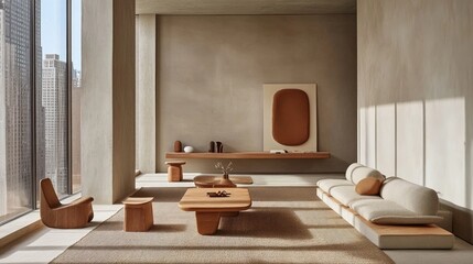 A neutral-colored area rug in a sunlit modern living room, seamlessly blending with sleek furniture and minimal decor.