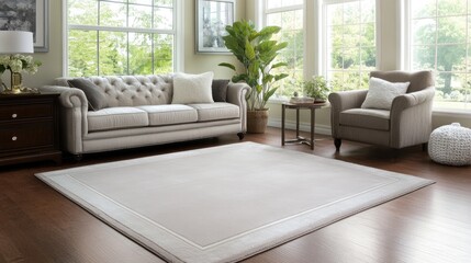 Fototapeta premium A neutral-colored area rug in a sunlit modern living room, seamlessly blending with sleek furniture and minimal decor.