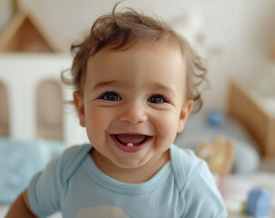 Joyful Baby Boy Smiling in a Pastel Nursery Room