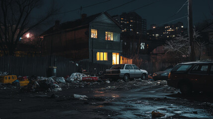 Ghetto street at night, slum ruined abandoned old buildings with glowing windows. Dilapidated dwellings stand on roadside with street lamps, car body and scatter litter cartoon vector illustration