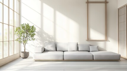Obraz premium A cozy Japanese-style room with an L-shaped sofa, gray cushions, and soft natural lighting