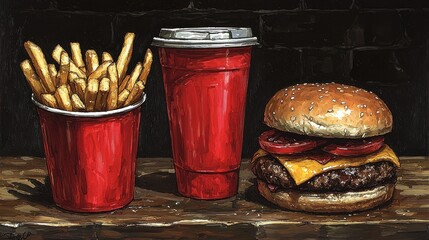Still life painting of burger, fries, and soda in red cups on a wooden surface against a dark background