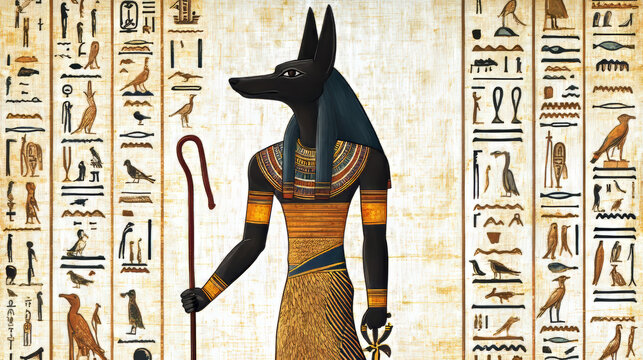 Ancient Egypt papyrus with anubis dog, jackal head cartoon vector. Ancient paper with hieroglyphs, storing information, Egyptian culture religious symbol with sun god isolated on white background