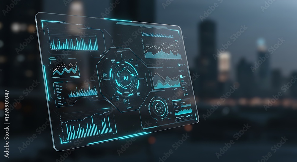 Poster displaying futuristic user interface with graphs and ai over cityscape