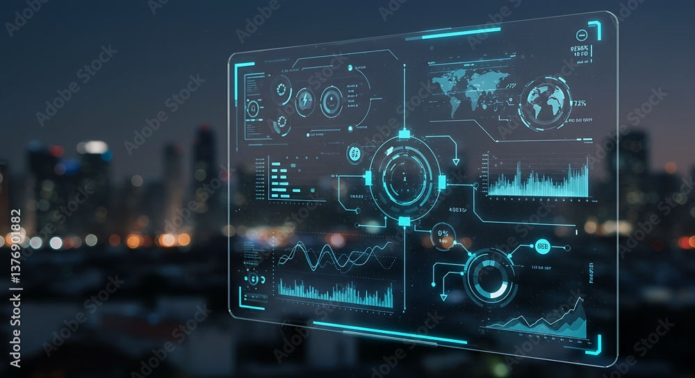 Fototapete analyzing data interface with digital screen displaying graphs over city