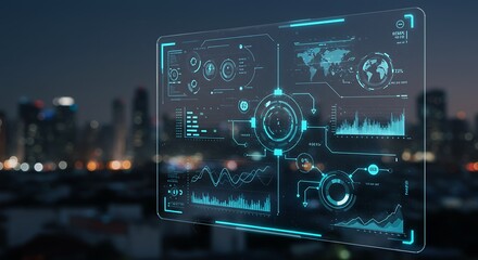 Analyzing Data Interface with Digital Screen Displaying Graphs Over City
