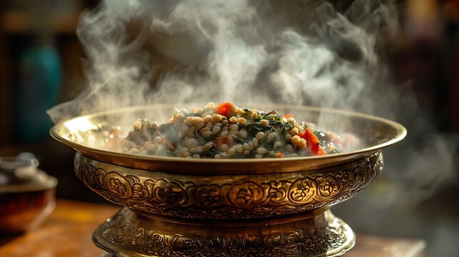 Nepalese Silam Ko Achar Perilla Seed Pickle an ornate brass dish long exposure capturing delicate swirls of aromatic steam traditional Nepalese kitchen setting