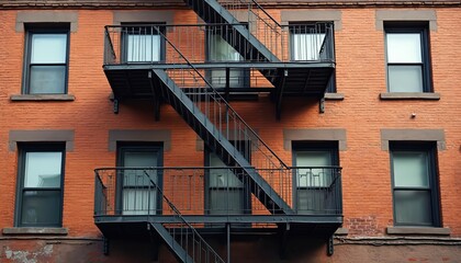 Old brick building with fire escape. Urban architecture detail shows aged wall texture, windows. Residential facade in city street. Classic industrial design. Rustic dwelling exterior.