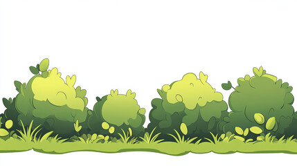 Obraz premium Green bush and grass border cartoon illustration. Garden tree plant icon set. Simple comic foliage fence with flower for game. Botany graphic asset for landscape or outdoor park hedge summer design