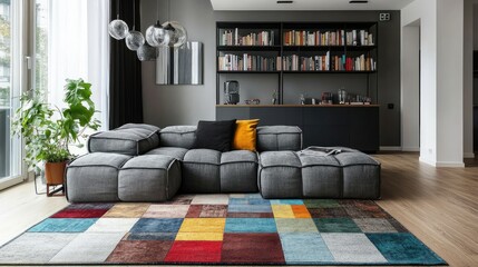 A small city apartment with a colorful patchwork rug, adding personality to the compact living space.