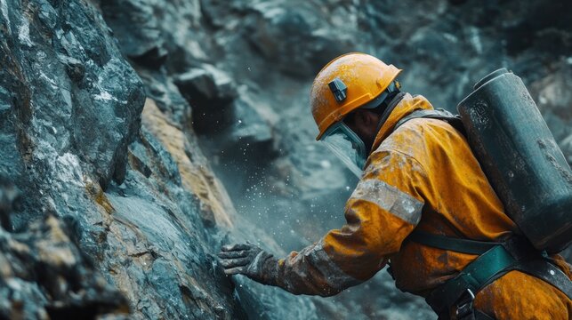 Examining Mine Wall Miner Inspecting Rock Face with Safety Equipment