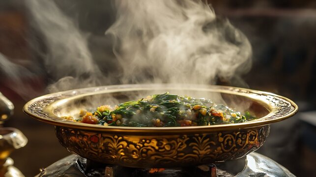 Nepalese Silam Ko Achar Perilla Seed Pickle an ornate brass dish long exposure capturing delicate swirls of aromatic steam traditional Nepalese kitchen setting