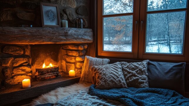 A small, cozy living room with a fireplace, soft blankets, and candlelit ambiance.
