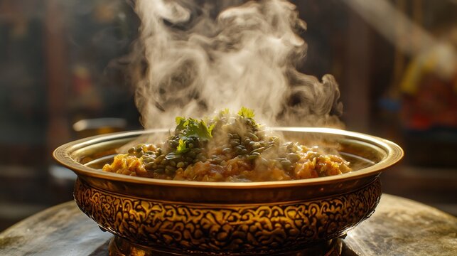 Nepalese Silam Ko Achar Perilla Seed Pickle an ornate brass dish long exposure capturing delicate swirls of aromatic steam traditional Nepalese kitchen setting