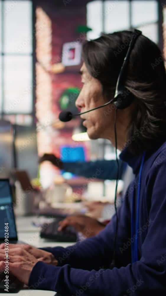 Poster vertical video customer center employee uses artificial intelligence llm assistant to locate clients
