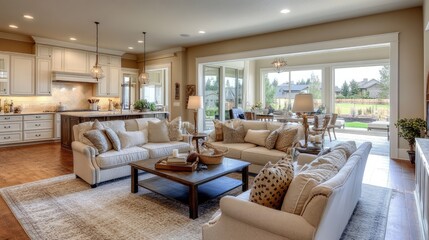 A soft, neutral living room with a cream and light gray color palette, warm lighting, and elegant furnishings.