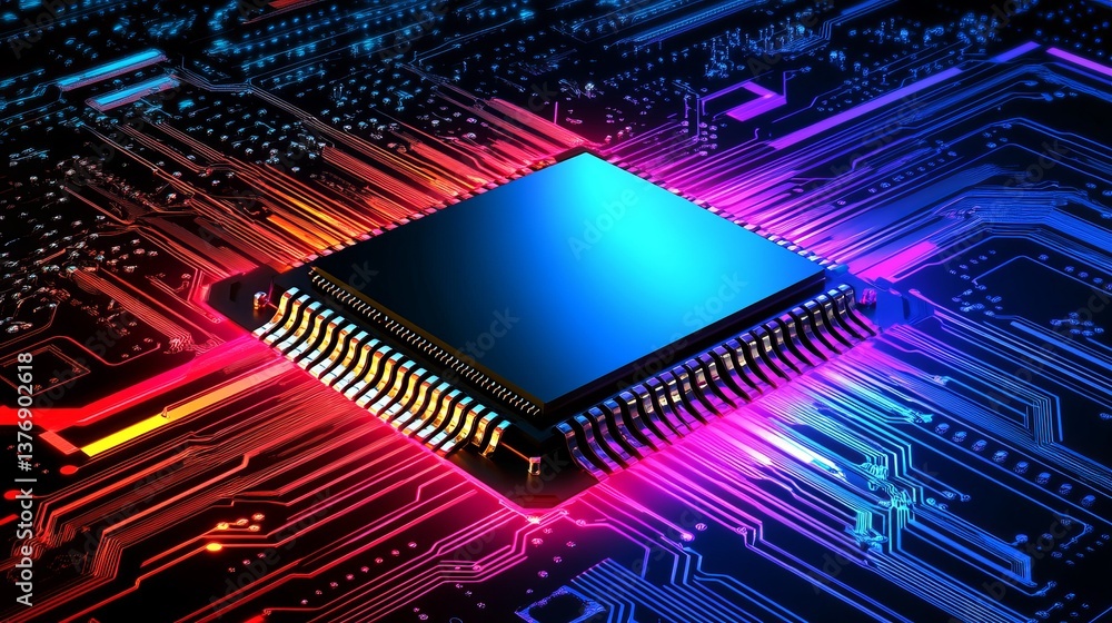 Poster abstract technology background colorful circuit board microchip digital innovation modern technology