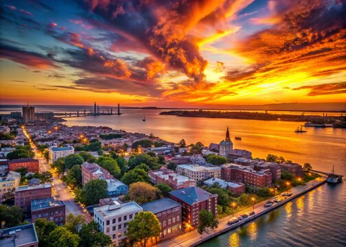 Charleston SC Aerial Silhouette Downtown Waterfront Sunset Flyover
