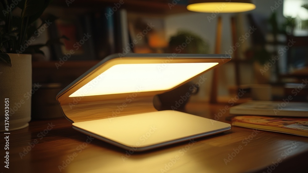 Poster a stylish led table lamp with a touch-sensitive dimming feature, illuminating a modern workspace.