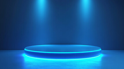 Neon podium, empty stage at LED video wall screen, pedestal for product presentation or fashion show performance, dance floor, glowing illuminated blue round scene, Realistic 3d vector illustration
