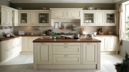 Fototapeta premium A kitchen space with a natural wood island and white cabinets, ideal for cooking shows