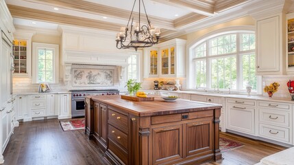 A kitchen space with a natural wood island and white cabinets, ideal for cooking shows