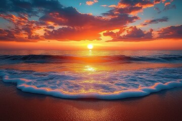Stunning Sunset Over the Ocean with Vibrant Hues and Gentle Waves