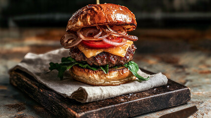 food photo of a fresh burger with cheese, brioche buns, served on a wooden board with a folded linen nap