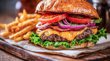food photo of a fresh hamburgers with cheese and fries, served on a wooden board
