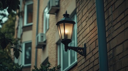 A vintage lantern-style outdoor wall light mounted on a classic brick exterior.