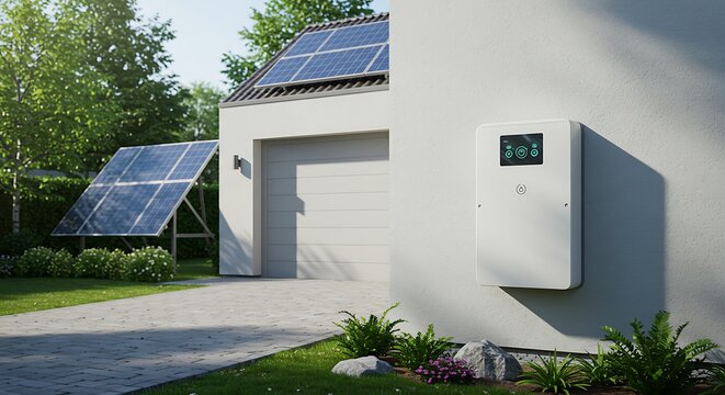 Solar Panel System with Battery on House Wall for Clean Energy