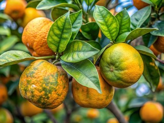Citrus Greening Disease:  Close-up Images of Infected Orange Tree Leaves and Fruit