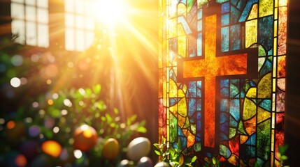 Stained Glass Window Cross with Easter Eggs and Bright Sunlight